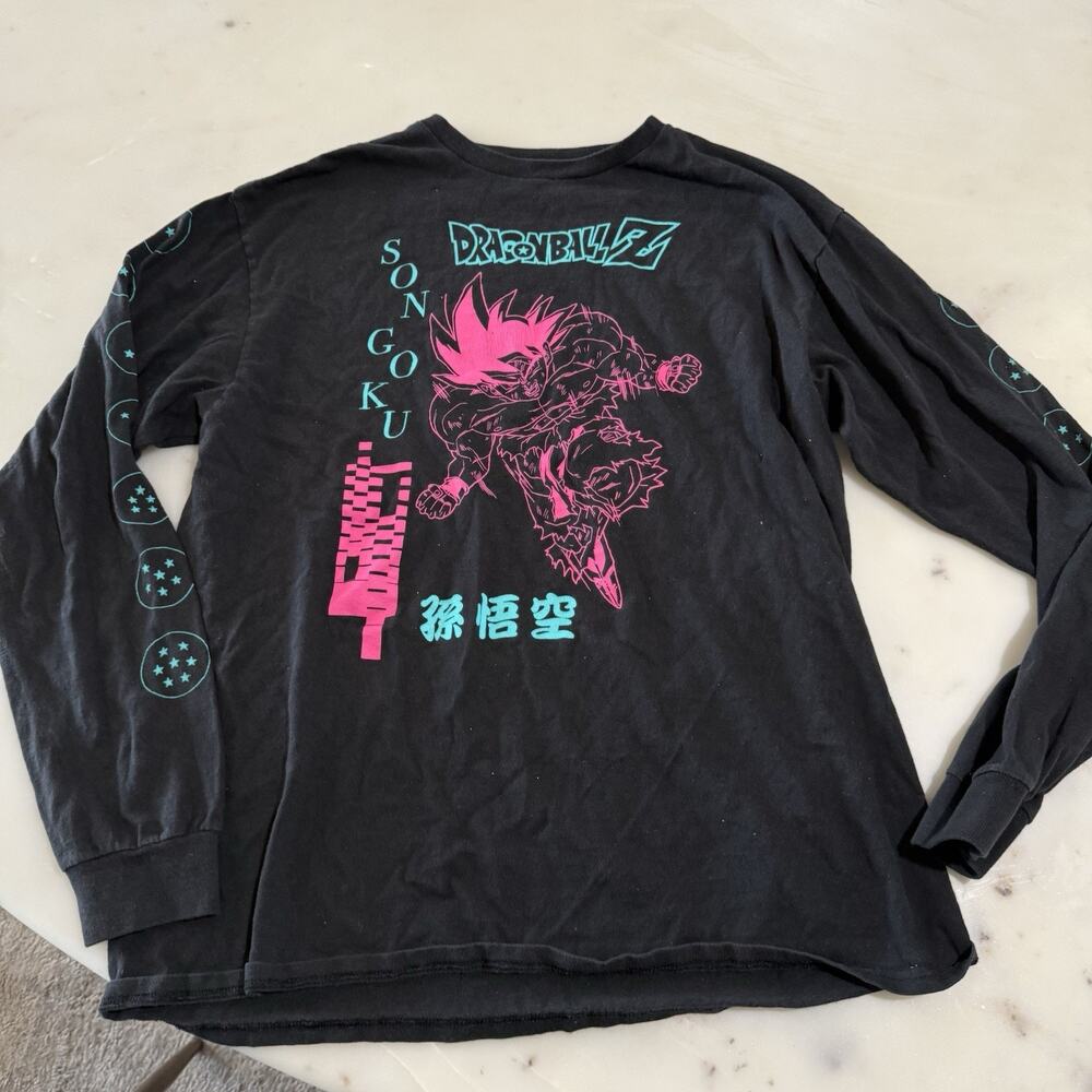 Dragon Ball Z Men’s L Long Sleeve Cotton Black T-Shirt Son Goku Pink Aqua Ball